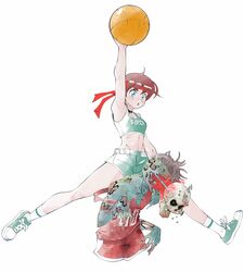  1boy arm_up ball basketball_(object) basketball_uniform blue_eyes brown_hair female getinthegustaff green_sports_bra guro headband highres jumping official_alternate_costume rebecca_chambers red_headband resident_evil resident_evil_0 shoes short_hair short_shorts shorts simple_background skull slam_dunk_(basketball) sneakers sports_bra sportswear spread_legs white_background zombie 