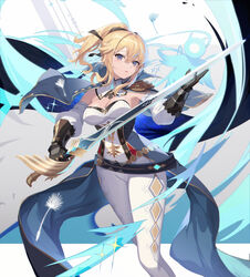  absurdres argyle_clothes argyle_legwear arm_up aura black_gloves blonde_hair blue_eyes breasts brown_gloves capelet cleavage commentary dandelion elbow_gloves eruthika favonius_sword_(genshin_impact) female flower genshin_impact gloves hair_between_eyes highres holding holding_sword holding_weapon jean_(genshin_impact) long_hair looking_at_viewer medium_breasts open_mouth outdoors pants ponytail sheath sidelocks simple_background smile solo sparkle strapless sword teeth tight_clothes tight_pants tube_top weapon white_background white_pants 