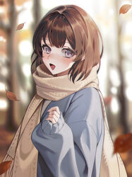  :d absurdres autumn_leaves blue_sweater blurry blurry_background blush brown_hair chungla commentary day depth_of_field eyebrows_hidden_by_hair falling_leaves female highres leaf long_sleeves looking_at_viewer open_mouth original outdoors puffy_long_sleeves puffy_sleeves purple_eyes scarf short_hair smile solo sweater symbol-only_commentary upper_body yellow_scarf 