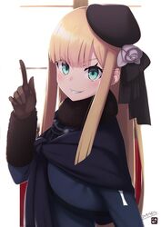  aqua_eyes beret blonde_hair brown_gloves dated fate/grand_order fate_(series) female fur-trimmed_jacket fur_trim gloves grin hat highres jacket long_hair lord_el-melloi_ii_case_files mku reines_el-melloi_archisorte smile solo 