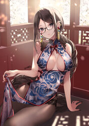  akatsuki_hijiri arm_support bare_arms bare_shoulders black-framed_eyewear braid braided_ponytail breasts brown_eyes brown_hair brown_pantyhose china_dress chinese_clothes cleavage cleavage_cutout closed_mouth clothing_cutout cowboy_shot dappled_sunlight day dress ear_piercing earrings embroidered_legwear fate/grand_order fate_(series) female fingernails floral_print glasses glint hair_between_eyes highres holding jewelry large_breasts leaning_to_the_side long_fingernails long_hair looking_at_viewer multiple_piercings nail_polish pantyhose parted_bangs pelvic_curtain piercing red_nails rose_print see-through see-through_dress semi-rimless_eyewear sidelocks single_braid sitting sleeveless sleeveless_dress solo sunlight tassel tassel_earrings thighs very_long_hair yu_mei-ren_(fate) yu_mei-ren_(spare_the_idle_talk)_(fate) 