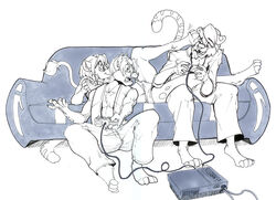  2010 annoyed anthro black_eyes bottomwear clothed clothing controller eyebrow_through_hair eyebrows felid female fully_clothed fur furniture game_controller group hair happy lion lying male mammal on_back open_mouth pantherine pants signature simple_background sitting sofa striped_body striped_fur stripes teeth tongue traditional_media_(artwork) translucent translucent_hair white_background zillford 