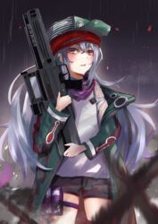  absurdres assault_rifle bandana black_shorts blush breasts feet_out_of_frame female g11_(girls&#039;_frontline) girls&#039;_frontline green_headwear green_jacket grey_hair gun h&amp;k_g11 highres holding holding_gun holding_weapon jacket long_hair looking_at_viewer night night_sky open_clothes open_jacket open_mouth purple_scarf r9k1 rain red_bandana red_eyes rifle scarf shirt shorts sky small_breasts solo standing water_drop weapon white_shirt 