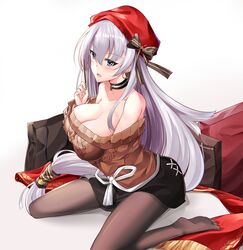  aran_sweater arm_under_breasts azur_lane bare_shoulders belfast_(azur_lane) belfast_(shopping_with_the_head_maid)_(azur_lane) beret black_pantyhose black_skirt blush breast_hold breasts brown_sweater cable_knit choker cleavage collarbone commentary earrings female grey_hair hat highres hoop_earrings jewelry large_breasts long_hair looking_at_viewer necklace no_shoes off-shoulder_sweater off_shoulder official_alternate_costume open_mouth pantyhose purple_eyes shawl sitting skirt solo spread_legs star_(symbol) star_necklace sweater wariza white_background yan_lie 