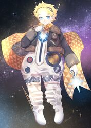  1boy alternate_costume artist_name baggy_clothes blonde_hair blue_eyes bright_pupils fate/grand_order fate/requiem fate_(series) floating gloves glowing highres long_sleeves looking_at_viewer male_focus mokouze parted_bangs scarf short_hair sky smile solo space spacesuit star_(sky) star_(symbol) starry_background starry_sky voyager_(fate) voyager_(third_ascension)_(fate) yellow_scarf 