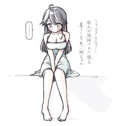  ... barefoot black_hair blush breasts commentary dress female full_body highres kantai_collection large_breasts long_hair looking_down nose_blush solo spoken_ellipsis tatahai translation_request ushio_(kancolle) white_dress yellow_eyes 