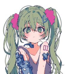  3774. :/ arm_tattoo bare_shoulders blush female flat_chest green_eyes green_hair hair_between_eyes hair_ornament hair_scrunchie hairclip hatsune_miku heart heart_hair_ornament highres looking_at_viewer loose_clothes mechanical_arms messy_hair number_tattoo prosthesis prosthetic_arm scrunchie shirt shoulder_tattoo single_mechanical_arm sleeveless sleeveless_shirt solo sweatdrop tattoo tube twintails upper_body vocaloid white_background wire 