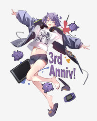  :d anniversary artist_name barefoot drawing_tablet female game_boy_advance grey_jacket handheld_game_console happy_anniversary headphones headphones_around_neck hololive hololive_english jacket legs looking_at_viewer midriff nail_polish navel ninomae_ina&#039;nis ninomae_ina&#039;nis_(loungewear) official_alternate_costume official_alternate_hairstyle open_mouth purple_hair purple_nails shoes short_hair short_shorts shorts slippers smile stylus sydus takodachi_(ninomae_ina&#039;nis) toenail_polish toenails toes unworn_shoes virtual_youtuber 