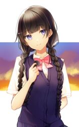  arm_behind_back black_hair blue_eyes blue_sweater blunt_bangs bow bowtie braid collared_shirt dress_shirt female hair_ornament hair_over_shoulder hairclip head_tilt long_hair looking_at_viewer low_twintails nijisanji pink_bow pink_bowtie shirt short_sleeves solo standing sweater sweater_vest tsukino_mito tsukino_mito_(3rd_costume) twin_braids twintails twirling_hair upper_body virtual_youtuber white_shirt wing_collar zyenokana 