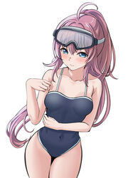  absurdres ahoge alternate_hairstyle arm_across_waist bang_dream! bare_arms bare_shoulders blue_eyes blue_one-piece_swimsuit blush breasts collarbone commentary competition_school_swimsuit covered_navel cowboy_shot female goggles goggles_on_head hair_between_eyes hands_up highres long_hair looking_away one-piece_swimsuit parted_lips pink_hair ponytail ptal school_swimsuit simple_background small_breasts solo standing swimsuit tamade_chiyu very_long_hair white_background 