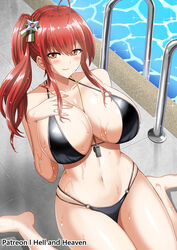  artist_name azur_lane bikini black_bikini breasts female hand_on_own_chest hellandheaven highres huge_breasts italian_flag long_hair multi-strapped_bikini_bottom navel o-ring o-ring_bikini official_alternate_costume orange_eyes pool_ladder poolside red_hair side_ponytail solo stomach swimsuit thigh_grab wet whistle whistle_around_neck zara_(azur_lane) zara_(poolside_coincidence)_(azur_lane) 