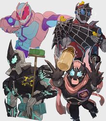  4boys animal_hood aqua_eyes armor asymmetrical_armor bbbb_fex bird black_armor blue_armor blue_eyes broom demon_boy dinosaur duck food glass glass_bottle highres hood horns kamen_rider kamen_rider_demons kamen_rider_evil kamen_rider_revi kamen_rider_revice kamen_rider_vice male_focus multiple_boys pink_armor pose protected_link pudding red_eyes rubber_duck scarf sharp_teeth silk single_horn spider_web splatter splatter_print tail teeth tyrannosaurus_rex web_print 