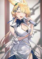  :d animal_ears antenna_hair arknights arm_under_breasts bare_shoulders blonde_hair blurry blurry_background blush braid breasts cleavage cleavage_cutout closed_eyes clothing_cutout commentary cowboy_shot depth_of_field dress facing_viewer female highres holding kiyakyuu kroos_(arknights) kroos_the_keen_glint_(along_the_corridor)_(arknights) kroos_the_keen_glint_(arknights) large_breasts long_hair official_alternate_costume open_mouth pelvic_curtain print_dress rabbit_ears smile solo white_dress 