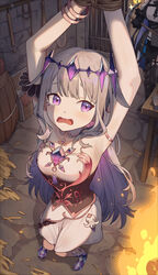  2girls absurdres armpits arms_up barrel black_gloves bondage bondage bound bracelet chest_jewel circlet dress gloves grey_hair highres hololive hololive_english jewelry koseki_bijou koseki_bijou_(1st_costume) long_hair multiple_girls nerissa_ravencroft nerissa_ravencroft_(1st_costume) orenji_(user_fknw7775) pickaxe prison_cell purple_eyes restrained rope shovel strapless strapless_dress straw_(stalk) table tearing_up torch virtual_youtuber wavy_mouth white_dress 