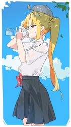  absurdres ahoge beret black_skirt blonde_hair blue_sky bocchi_the_rock! bottle bow bowtie cloud collared_shirt commentary_request cropped_legs detached_ahoge drinking female from_side furrowed_brow grey_hat half-closed_eyes handkerchief hands_up hat highres holding holding_bottle holding_handkerchief ijichi_nijika leaf long_hair looking_ahead makkurourufu orange_eyes outline pinky_out pleated_skirt profile shirt shirt_tucked_in short_sleeves side_ponytail skirt sky solo sweat unworn_bowtie water_bottle wet wet_clothes wet_shirt white_hat white_outline white_shirt wiping_sweat 