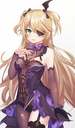  :d arm_at_side bare_shoulders black_gloves black_nails black_ribbon blonde_hair blush bodystocking bow bowtie breasts brown_legwear commentary cowboy_shot detached_collar eyepatch female fischl_(genshin_impact) garter_straps genshin_impact gloves green_eyes hair_ribbon highres leotard long_hair long_sleeves looking_at_viewer nail_polish nannann one_eye_covered open_mouth pantyhose purple_bow purple_bowtie purple_leotard revision ribbon simple_background single_glove single_thighhigh small_breasts smile solo standing straight_hair thighhighs two_side_up very_long_hair white_background 