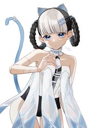  absurdres animal_ears bambinata:_vitrum_(punishing:_gray_raven) bambinata_(punishing:_gray_raven) bare_legs black_hair black_leotard blue_eyes blunt_bangs braid braided_hair_rings cat_ears cat_tail closed_mouth collar detached_collar doll_joints fake_animal_ears fake_tail female frilled_collar frills hair_ornament heart heart-shaped_pupils highres joints leotard looking_at_viewer low_twin_braids mechanical_arms mechanical_parts multicolored_hair punishing:_gray_raven signature solo symbol-shaped_pupils tail takamatu_hajime twin_braids two-tone_hair two-tone_leotard white_background white_hair white_leotard 