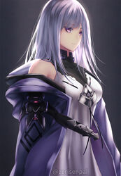  belt black_belt breasts dress english_commentary female from_side grey_hair highres hood hooded_jacket iron_saga jacket looking_at_viewer medium_breasts off_shoulder paid_reward_available purple_eyes purple_jacket smile solo teresa_(iron_saga) twitter_username upper_body watermark white_dress zeri_(zeristudio) 