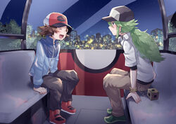  2boys :d absurdres baseball_cap blue_jacket brown_hair brown_pants closed_eyes commentary_request ferris_wheel_interior from_side green_footwear green_hair hat highres hilbert_(pokemon) jacket long_hair male_focus multiple_boys n_(pokemon) night open_mouth pants pokemon pokemon_bw ponytail red_footwear shoes short_hair sidelocks sitting sky smile star_(sky) tongue yukinoko2200 