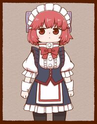  alternate_costume apron black_thighhighs bow bowtie brown_background closed_mouth commentary cowboy_shot female hairbow high_collar looking_at_viewer maid maid_headdress poronegi puffy_short_sleeves puffy_sleeves red_bow red_bowtie red_eyes red_hair sekibanki short_hair short_sleeves simple_background solo standing thighhighs touhou waist_apron white_apron white_headdress wrist_cuffs 