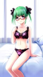  bare_arms bare_legs bed black_ribbon blush bra breasts cleavage closed_mouth collarbone doukyuusei_another_world female game_cg green_hair hair_ribbon hirasawa_hiroko kakyuusei_2 lingerie looking_at_viewer medium_breasts medium_hair navel panties purple_bra purple_eyes purple_panties rectangular_eyewear red-framed_eyewear ribbon semi-rimless_eyewear sitting solo twintails under-rim_eyewear underwear underwear_only 