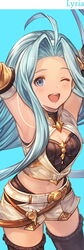  ahoge alternate_costume arms_up blue_eyes blue_hair blush breasts cleavage cosplay crop_top female granblue_fantasy highres light_blue_hair long_hair lyria_(granblue_fantasy) minaba_hideo navel official_art one_eye_closed open_mouth relic_buster_(granblue_fantasy) relic_buster_(granblue_fantasy)_(cosplay) short_shorts shorts sidelocks sleeveless small_breasts smile solo thighhighs very_long_hair 