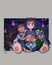  2boys alternate_costume bad_id bad_pixiv_id barefoot bo9_(bo9_nc) book border bowl brown_eyes brown_hair charizard claws closed_mouth commentary dark-skinned_male dark_skin dated food gastly grey_pants grey_shirt highres holding holding_bowl holding_phone hop_(pokemon) indoors inteleon knees_apart_feet_together long_sleeves male_focus mimikyu multiple_boys munchlax open_mouth pajamas pants phantump phone pikachu plaid pokemon pokemon_(creature) pokemon_swsh popcorn purple_hair rotom rotom_phone scarf shirt short_hair signature sitting snorlax swept_bangs symbol-only_commentary t-shirt tearing_up teeth toenails toes tongue upper_teeth_only victor_(pokemon) white_shirt yellow_eyes 