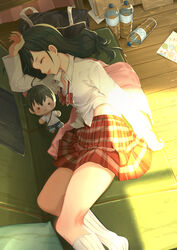  absurdres amano_hina_(tenki_no_ko) black_hair blush bottle closed_eyes commentary female hair_down haowei_wu highres long_hair lying on_side open_mouth pleated_skirt school_uniform skirt sleeping solo tenki_no_ko water_bottle 