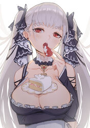  azur_lane bare_shoulders between_breasts black_dress blush breasts cake cleavage dress earrings female food formidable_(azur_lane) frilled_dress frills fruit grey_hair hair_ribbon highres huge_breasts jewelry long_hair long_sleeves looking_at_viewer plate red_eyes ribbon simple_background solo strawberry twintails two-tone_dress two-tone_ribbon underboob very_long_hair white_background yellowpaint. 