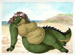  2019 alligator alligatorid anklet anthro armband beach bigladydragon breasts brown_hair crocodilian detailed_background featureless_breasts female hair jewelry lying navel nude on_side outside overweight overweight_female reptile scalie seaside signature slightly_chubby slightly_chubby_female solo 