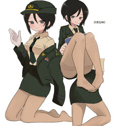  black_eyes black_hair black_necktie book brown_shirt chouno_ami commentary dress_shirt female female_service_cap girls_und_panzer gloves green_headwear green_jacket green_skirt grey_pantyhose hat highres holding holding_book jacket japan_ground_self-defense_force japan_self-defense_force kneeling long_sleeves military military_hat military_uniform miniskirt multiple_views necktie off_shoulder open_clothes open_jacket pantyhose pencil_skirt reading ri_(qrcode) shirt short_hair sitting skirt swept_bangs translated uniform waving white_gloves wing_collar 