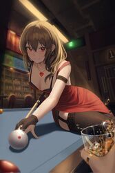  alcohol artist_name ball bar_(place) billiard_ball billiards black_bra black_gloves black_panties black_thighhighs blush bra breasts brown_hair cleavage cocktail_dress collarbone crossed_bangs cue_stick cup dress earrings female garter_straps glint gloves gold_earrings hair_between_eyes heart highres holding holding_cup hoop_earrings indoors jewelry kongsi lace lace-trimmed_legwear lace_bra lace_trim large_breasts long_hair looking_at_viewer original out_of_frame panties pendant pool_table pov pov_hands red_dress red_eyes side_slit sitting sleeveless sleeveless_dress solo_focus spaghetti_strap table thighhighs underwear 