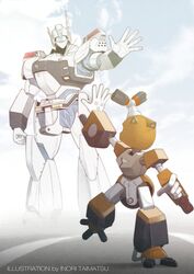  artist_name assault_visor av-98_ingram buchi_holes clenched_hands crossover highres inori_taimatsu kidou_keisatsu_patlabor looking_back looking_down looking_up mecha medarot metabee no_humans robot science_fiction sky waving 