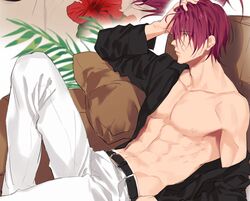  1boy abs bare_pectorals belt black_belt black_shirt collarbone couch free! from_side hair_between_eyes hand_on_own_head looking_to_the_side male_focus matsuoka_rin navel nipples okii_(oh_ki_ik) open_clothes open_shirt pants pectorals red_eyes red_hair shirt short_hair single_bare_shoulder stomach toned toned_male white_pants 