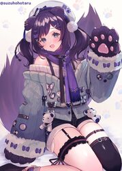  aiba_uiha aiba_uiha_(2nd_costume) animal_hands blue_eyes commentary_request female gloves hand_up hat looking_at_viewer mole mole_under_eye nijisanji open_mouth paw_gloves pom_pom_(clothes) purple_hair purple_scarf scarf shorts single_thighhigh sitting solo suzuho_hotaru sweater thighhighs twintails twitter_username virtual_youtuber wariza 