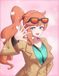  ahoge aqua_eyes aqua_sweater between_breasts breasts brown_coat coat eyelashes eyewear_on_head female hair_ornament hair_tie heart heart_hair_ornament ling_huanxiang long_hair long_sleeves looking_at_viewer medium_breasts open_mouth orange_hair pink_background pokemon pokemon_swsh ribbed_sweater side_ponytail simple_background smile solo sonia_(pokemon) sparkle strap_between_breasts sunglasses sweater upper_body waving 