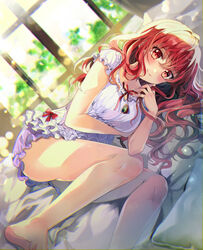  barefoot bloomers blush breasts brown_eyes brown_hair character_request chocho_(homelessfox) commentary copyright_request dress female jewelry long_hair looking_at_viewer lying medium_breasts on_side pendant smile solo symbol-only_commentary underwear wavy_hair white_bloomers white_dress 