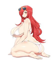  ass bikini breasts butt_crack eyewear_on_head female front-tie_bikini_top front-tie_top hair_over_one_eye highres huge_breasts kneeling large_breasts long_hair looking_at_viewer looking_back mannungei orange_eyes parasoul_(skullgirls) red_hair skullgirls slit_pupils swimsuit thick_thighs thighs white_background 