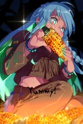  bead_bracelet beads blue_hair bracelet braid breasts brown_jacket brown_pants colored_inner_hair corn_cob cowboy_shot cropped_jacket cutoffs dark_background denim detached_pants eating echo_(circa) fate/grand_order fate_(series) female food fringe_trim green_bracelet green_eyes green_hair green_nails holding holding_food jacket jewelry kukulkan_(fate) kukulkan_(first_ascension)_(fate) large_breasts light_blue_hair long_hair long_sleeves midriff multicolored_hair nail_polish open_clothes pants short_shorts shorts sidelocks snake_print solo sparkle sparkling_eyes squatting two-tone_hair white_hair 