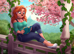  anthro book bottomwear breasts canid canine canis choker cleavage clothed clothing denim denim_bottomwear denim_clothing disney dolphydolphiana domestic_dog female goof_troop jeans jewelry mammal markings mole_(marking) necklace off_shoulder pants reading roxanne_(goof_troop) sitting solo 