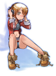  blush boots brown_hair check_copyright commentary_request copyright_request female full_body grey_eyes grey_sports_bra headphones highres jacket looking_at_viewer nakamura_tetsuya navel one_eye_closed open_clothes open_jacket original parted_lips short_hair short_shorts shorts sitting solo sports_bra sweatdrop untied_footwear white_background 