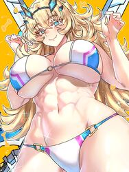  abs absurdres aqua_eyes barghest_(fate) barghest_(swimsuit_archer)_(fate) barghest_(swimsuit_archer)_(final_ascension)_(fate) bikini blonde_hair breasts ebora fate/grand_order fate_(series) female highres huge_breasts long_hair looking_at_viewer multicolored_bikini multicolored_clothes muscular muscular_female navel o-ring o-ring_bikini shiny_skin skindentation smile solo standing swimsuit two-tone_eyes underboob very_long_hair white_bikini 