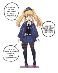  absurdres black_neckwear blonde_hair blue_eyes blush bright_pupils bulletproof_vest collaboration collarbone commentary english_text fbi fbi-chan female full_body highres hinghoi jacket long_sleeves meme merryweather open_mouth original pantyhose personification red_footwear shirt simple_background skirt smile smirk smug solo speech_bubble standing taser text_focus twintails walkie-talkie white_background white_pupils white_shirt 