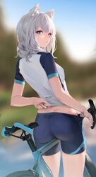  absurdres adjusting_clothes animal_ear_fluff animal_ears ass bicycle bike_jersey bike_shorts blue_archive blue_eyes blue_shorts blurry blurry_background blush bright_pupils cowboy_shot cycling_uniform day female from_behind grey_hair highres leviathan_(hikinito0902) looking_at_viewer looking_back medium_hair midriff multicolored_shirt official_alternate_costume outdoors shiroko_(blue_archive) shiroko_(cycling)_(blue_archive) shirt short_shorts short_sleeves shorts shorts_tug solo sweatdrop thighs white_pupils white_shirt wolf_ears 