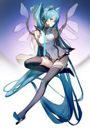  +_+ absurdly_long_hair bare_shoulders black_footwear black_thighhighs blue_eyes blue_hair blue_necktie blush boots breasts cleavage cleavage_cutout closed_mouth clothing_cutout covered_navel crown different_reflection dual_persona female full_body goodsmile_racing hatsune_miku headphones headset highres leotard long_hair looking_at_viewer medium_breasts mini_crown necktie racing_miku racing_miku_(2013) reflection rumoon solo thigh_boots thighhighs twintails very_long_hair vocaloid white_leotard white_wings wings 