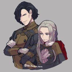  1boy black_hair closed_mouth commentary crossed_arms edelgard_von_hresvelg female fire_emblem fire_emblem:_three_houses garreg_mach_monastery_uniform gloves grey_background grin hair_over_one_eye hair_ribbon hubert_von_vestra long_hair long_sleeves purple_eyes ribbon short_hair simple_background smile suikomu_now twitter_username uniform upper_body white_gloves white_hair 