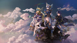  3girls armor armored_boots armored_dress barefoot black_armor black_feathers boots braid braided_ponytail breastplate feathers halberd helmet highres hrist_valkyrie knee_boots lenneth_valkyrie multiple_girls pauldrons photoshop_(medium) polearm shoulder_armor shoulder_pads silmeria_valkyrie single_braid unworn_boots ushas valkyrie valkyrie_profile_(series) weapon winged_helmet 