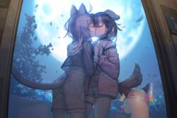  2girls ahoge animal_ears bird black_collar brown_hair cardigan cat_ears cat_girl cat_tail closed_eyes collar commentary cowboy_shot crop_top cucumbear073 dog_ears dog_girl dog_tail doorway duck english_commentary full_moon heart highres holding_hands hololive interlocked_fingers inugami_korone inugami_korone_(loungewear) kissing leaf moon multiple_girls nekomata_okayu nekomata_okayu_(casual) night official_alternate_costume open_cardigan open_clothes outdoors purple_hair purple_shirt shirt short_hair shorts subaru_duck tail tail_through_clothes tail_wagging unzipped virtual_youtuber white_shorts yuri 