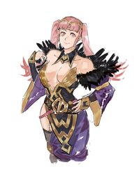  artist_name breasts closed_mouth commentary cosplay dress english_commentary feather_trim female fire_emblem fire_emblem:_three_houses fire_emblem_heroes highres hilda_valentine_goneril loki_(fire_emblem) loki_(fire_emblem)_(cosplay) long_hair pink_eyes pink_hair simple_background solo tiara twintails white_background yourfreakyneighbourh 