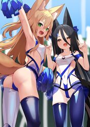  2girls animal_ears arm_up armpits ass ass_visible_through_thighs asymmetrical_legwear black_hair blonde_hair blue_thighhighs blurry blurry_background blush breasts cheerleader commentary_request covered_navel cowboy_shot fox_ears fox_shadow_puppet fox_tail green_eyes hair_between_eyes highres holding holding_pom_poms kokonoe_tsubaki leotard long_bangs long_hair looking_at_viewer mismatched_legwear multiple_girls oerba_yun_fang open_mouth orange_eyes original pom_pom_(cheerleading) sideless_outfit small_breasts smile tail thighhighs thong_leotard uneven_legwear v-shaped_eyebrows white_leotard white_thighhighs yoshizawa_tsubaki 